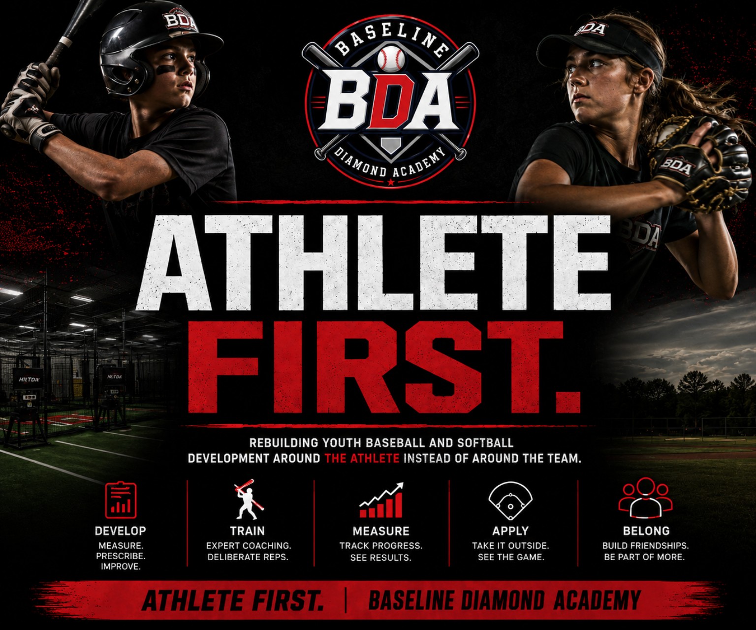 BDA baseball and fastpitch athletes with Athlete First message