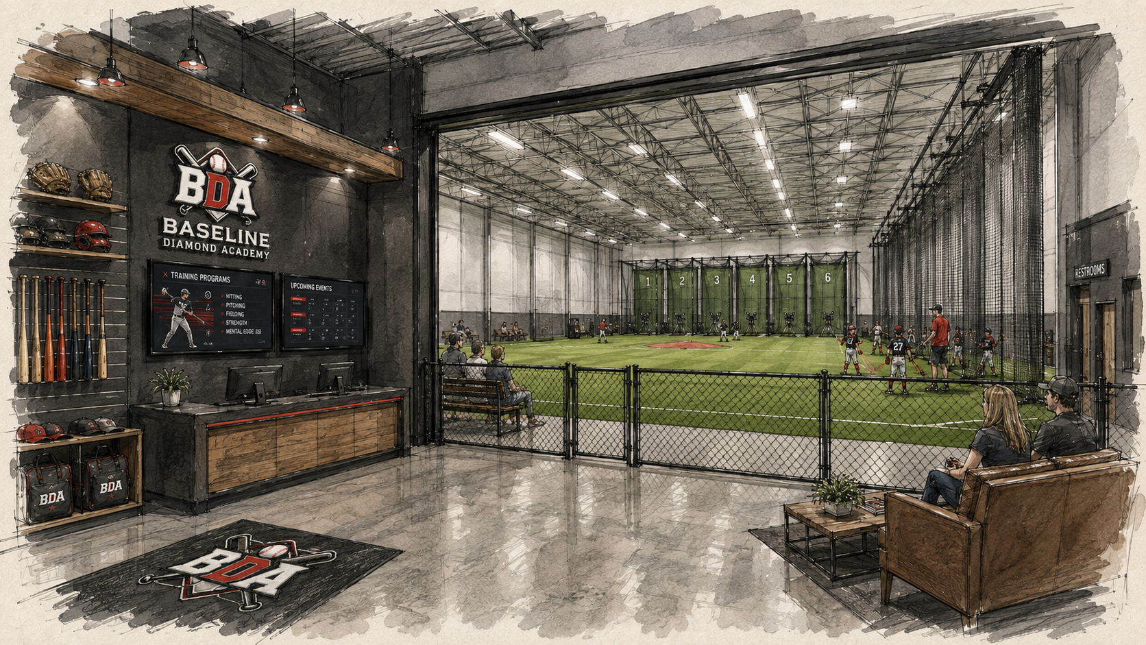 Concept rendering of the BDA welcome and check-in area overlooking the training floor