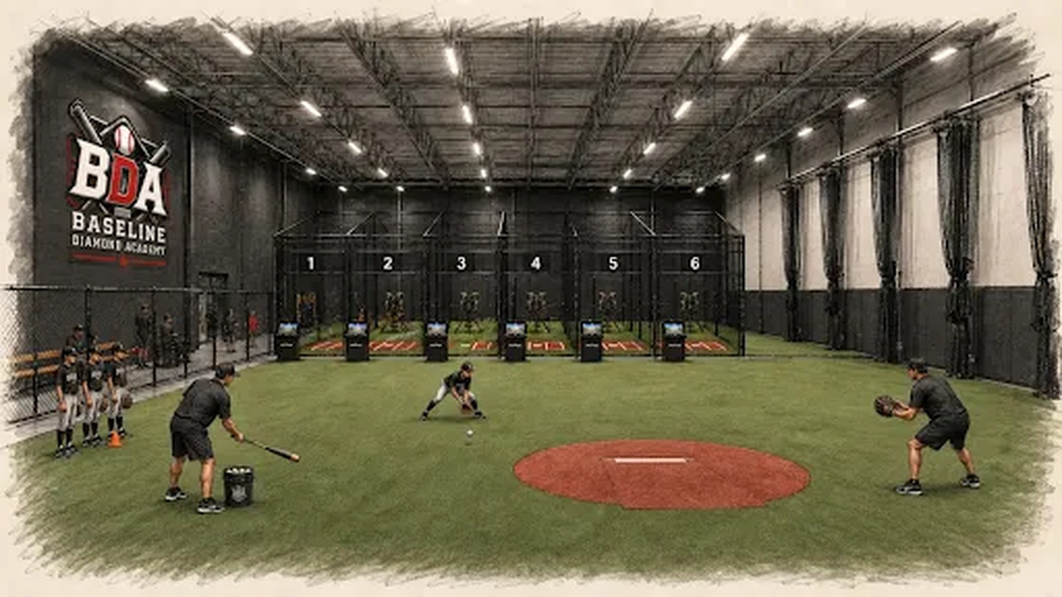 Sketch of the BDA Stafford training arena with six technology-enabled cages